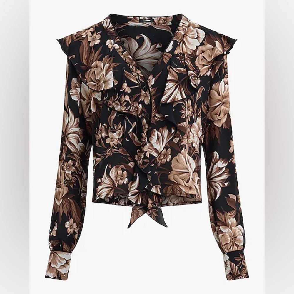Floral Black and Brown Women's Ruffle Blouse Front Long Sleeve Top Express Small